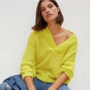 By Anthropologie Honore Sweater Highlighter Yellow XS Wool Blend Fluorescent